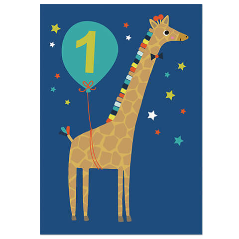 Age 1 Giraffe Greetings Card (Blue Background) by Natalie Alex