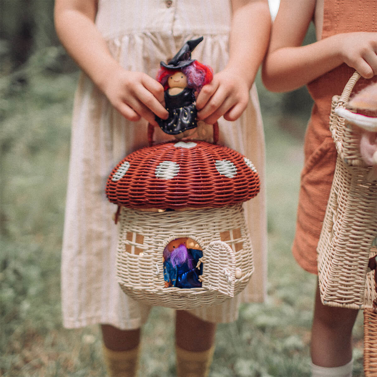 Rattan Mushroom Basket in Red by Olli Ella