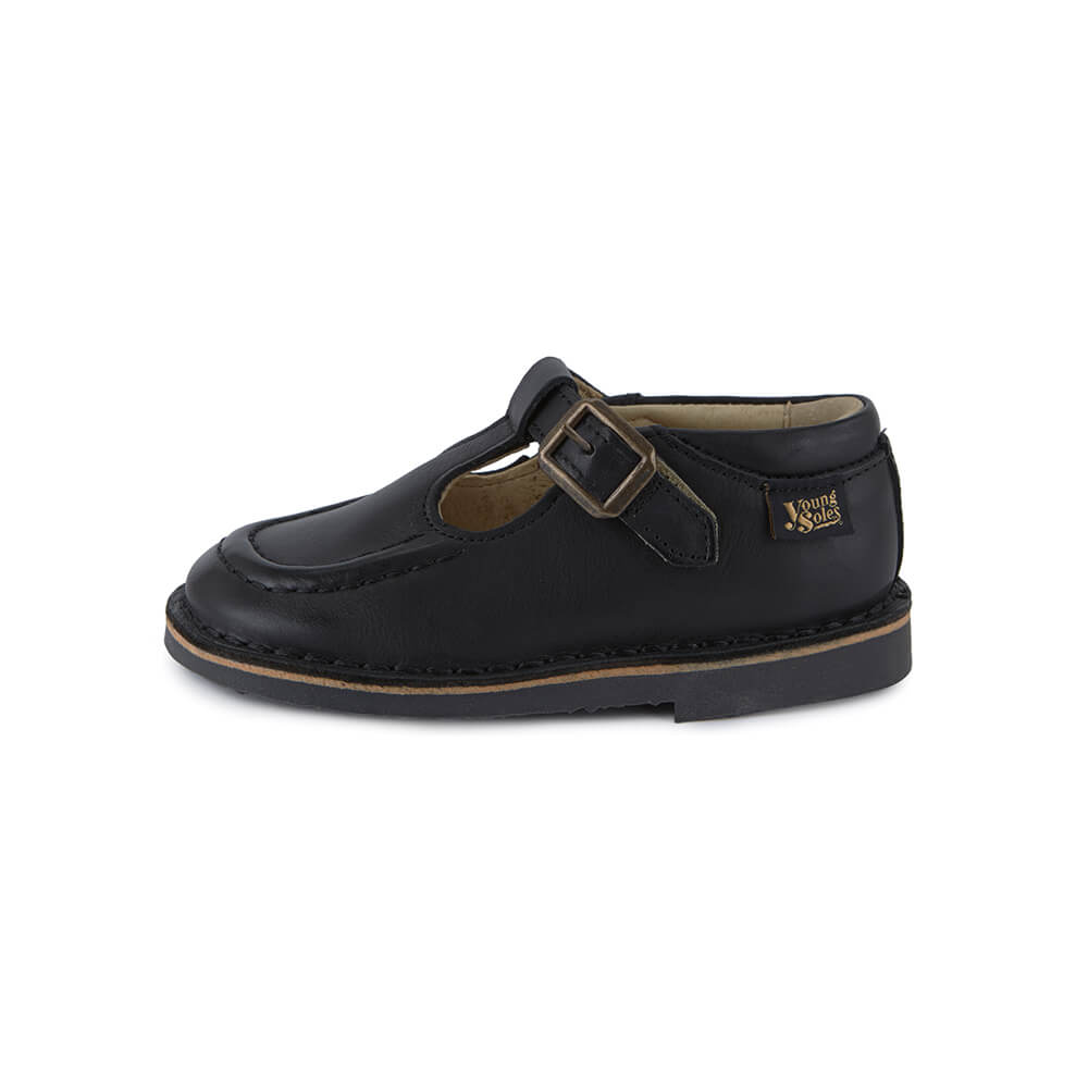 Parker Velcro T-Bar Shoes in Black Leather by Young Soles